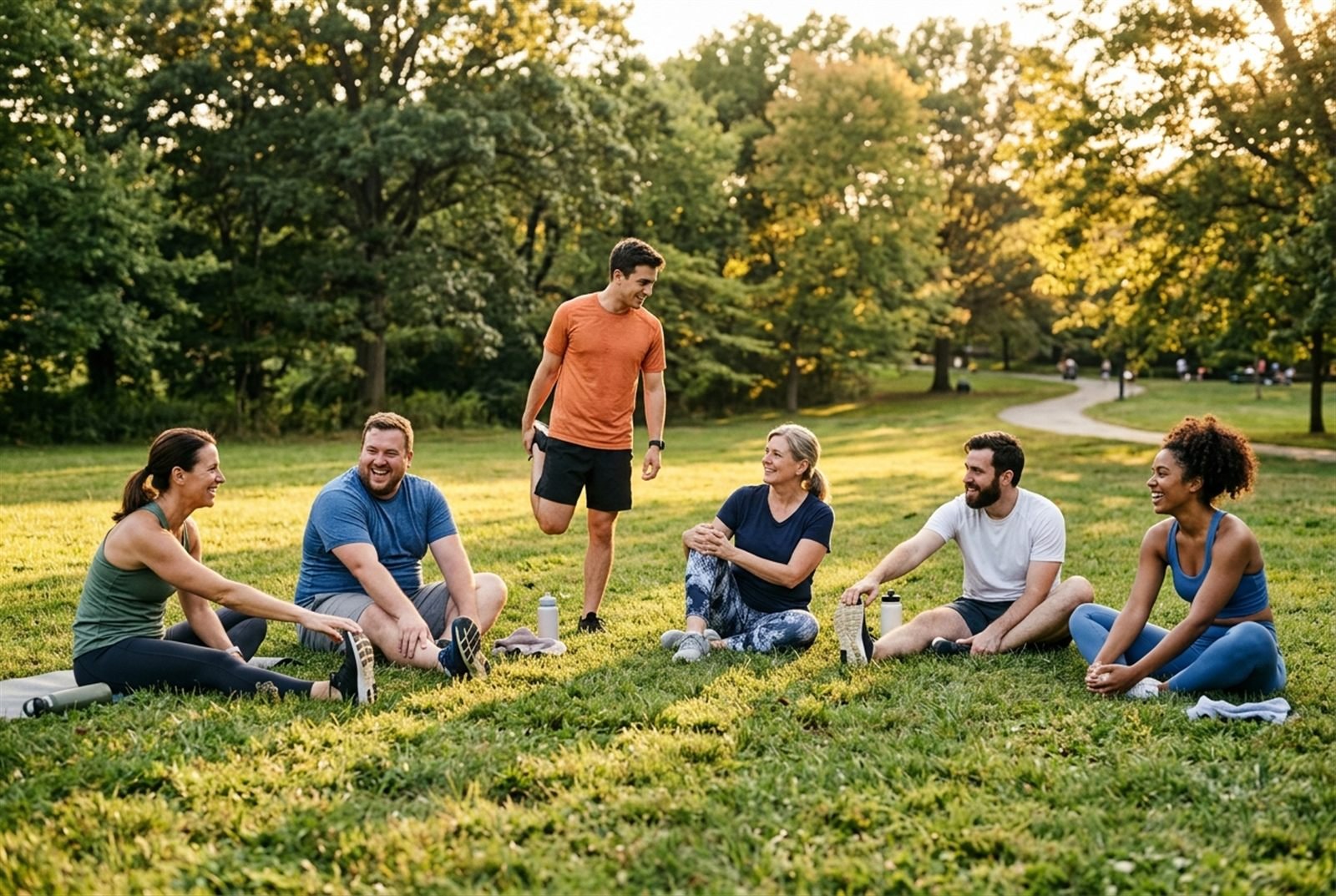 A group stretching together on a park lawn after a workout