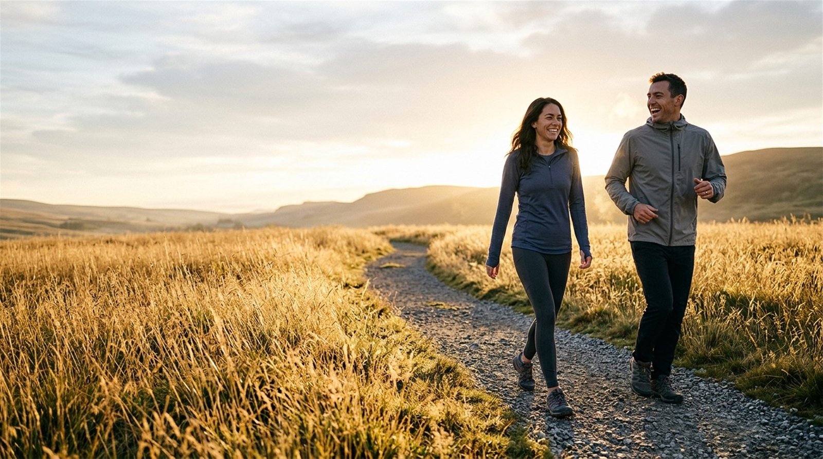 Two friends walking a gravel trail through tall grass at sunrise